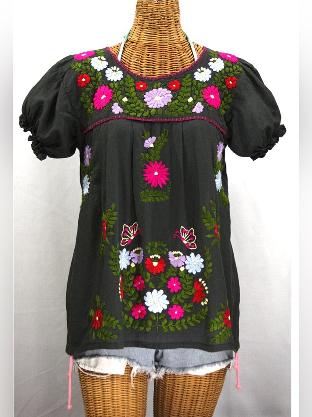 NEW SIREN LA MARIPOSA Mexican Embroidered Charcoal Floral Peasant Blouse Top M